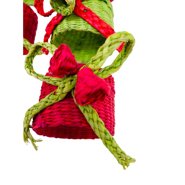 Green Vintage Wicker Christmas Red & Green Napkin Rings Each With Bow & Bells Set of 12 For Sale - Image 8 of 9