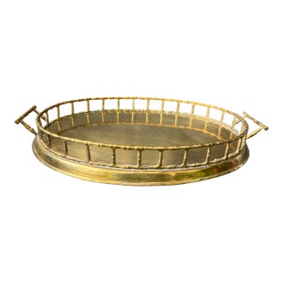 Vintage Faux Bamboo Brass Oval Tray For Sale