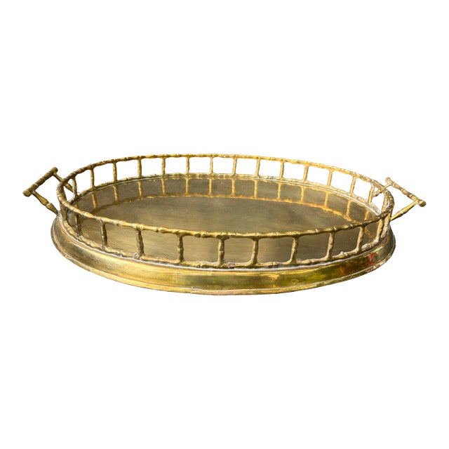 Vintage Faux Bamboo Brass Oval Tray For Sale