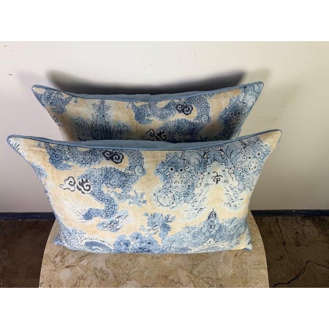 Chinoiserie Pair of Custom Linen Dragon Pillows For Sale - Image 3 of 7
