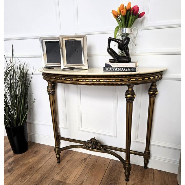 Rococo Mid-Century Italian Demi Lune Wall Console Table in Gilt Wood with Marble Top, 1950s For Sale - Image 3 of 10