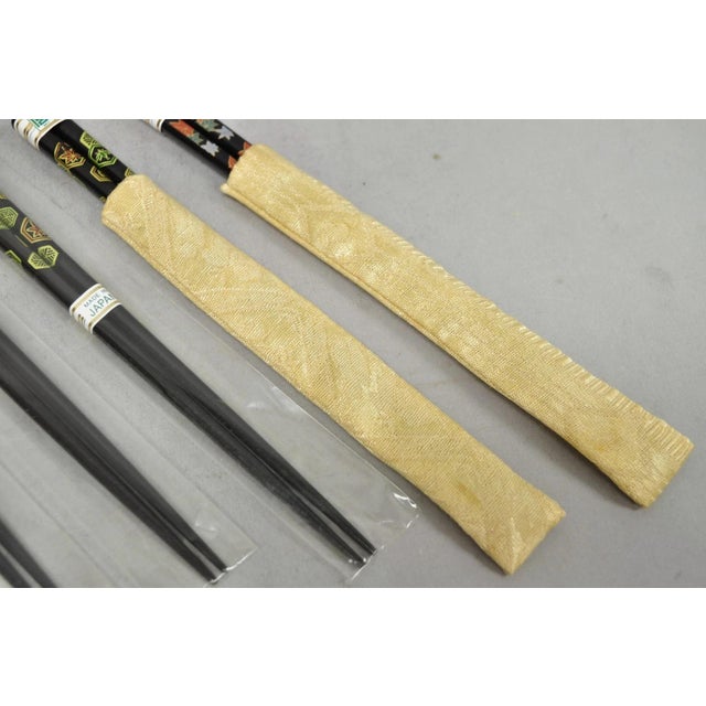 Gold Vintage Japanese Oriental Chopsticks W/ 2 Custom Silk Gold Sleeves - 6 Pc Set For Sale - Image 8 of 10