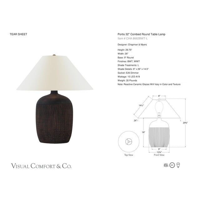 Chapman & Myers by Visual Comfort Signature Portis 32" Combed Round Table Lamp in Black Wash Terracotta with Linen Shade...