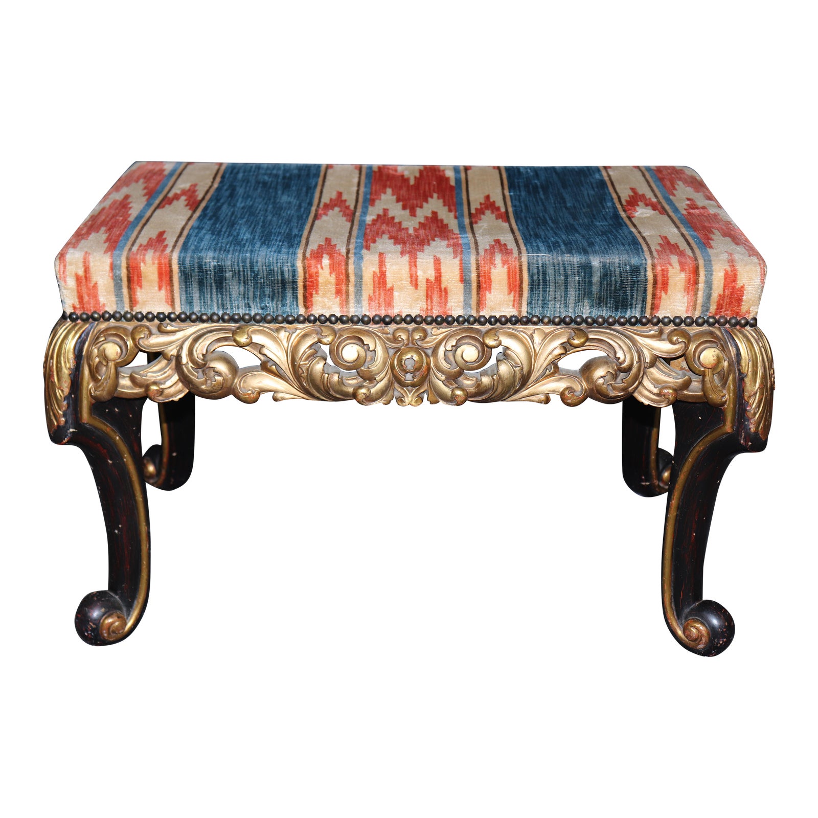 Outrageous Colorful Upholstered Italian Rococo Giltwood Carved Ebonized ...