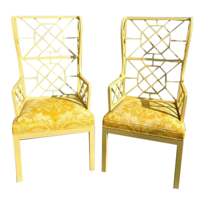 Vintage Edward Pashayan Chinoiserie Fretwork Wingback Chairs a