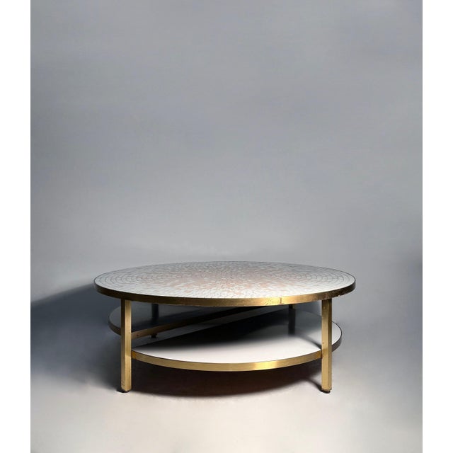 Vintage Blush Mosaic Tile Brass Structure Coffee Table 2 white shelves under the mosaic tile top. These are nice, but may...