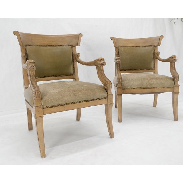 Mid 20th Century Carved Dolphins Shape Arms Rounded Back Lounge Chairs Leather Upholstery AS IS For Sale - Image 5 of 18