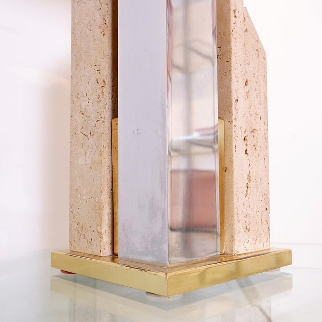 Tall Skyscaper Table Lamp in Travertine, Chrome and Brass by Sciolari, 1970s For Sale - Image 6 of 15