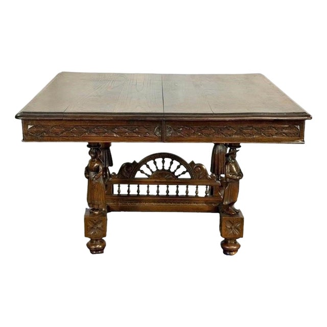 Antique Renaissance Revival Carved Oak Dining Table With Figural Supports For Sale
