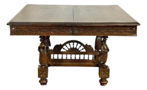 Antique Renaissance Revival Carved Oak Dining Table With Figural Supports