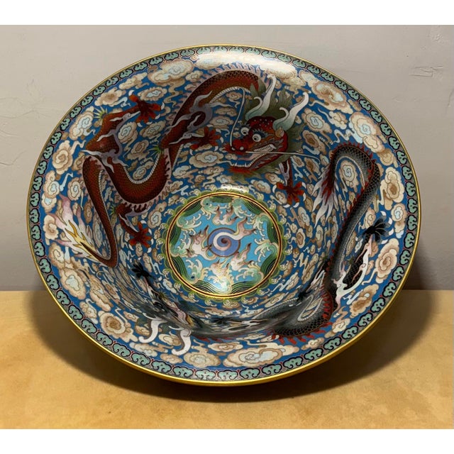 Metal Imperial Chinese Five Clawed Dragon Motif Cloisonné Bowl For Sale - Image 7 of 12