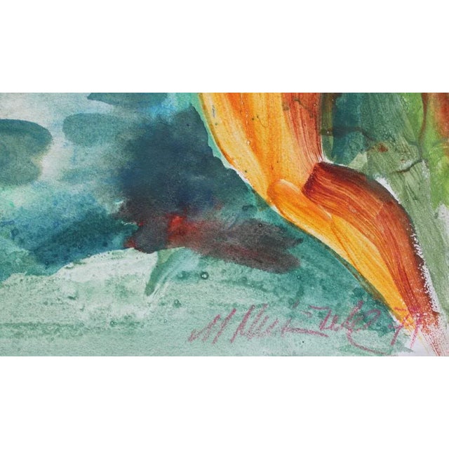 "Dances" is a watercolor artwork from 1971 that portrays orange figures dancing in nature. The medium used is paper, and...