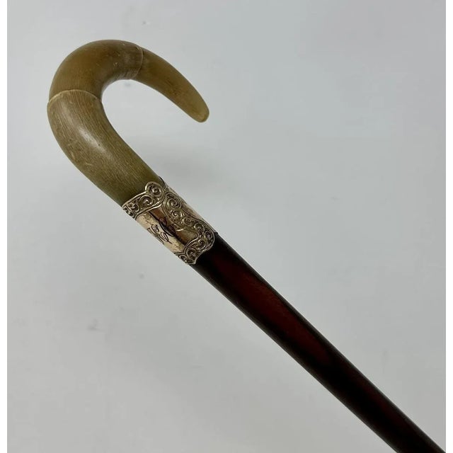 Late 19th Century Antique Vintage English Walking Stick Cane Wooden Gold Plated Cow Horn Handle For Sale - Image 5 of 8