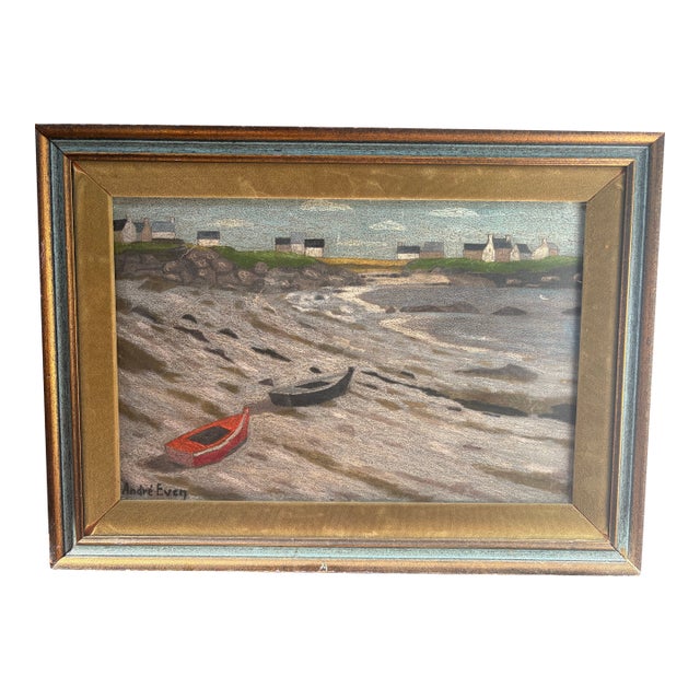 1960s André Even Signed Breton Coastal Landscape Wax Pastel, Framed For Sale