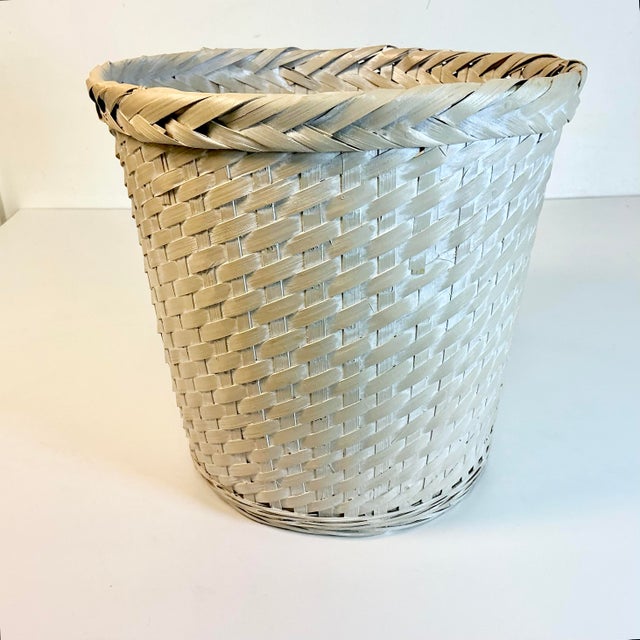 Mid-Century Boho Chic Coastal White Washed Almond Painted Wicker Wastebasket. For Sale - Image 9 of 11