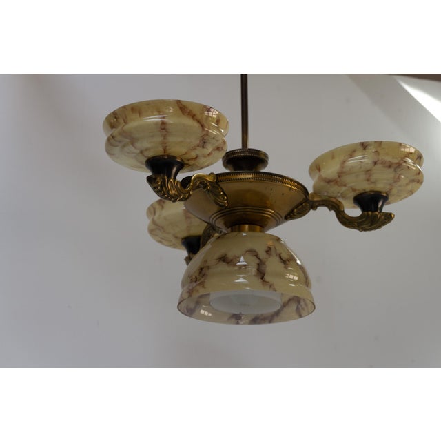 Gold Art Nouveau Danish Chandelier with Marbled Opaline Shades, 1920s For Sale - Image 8 of 18