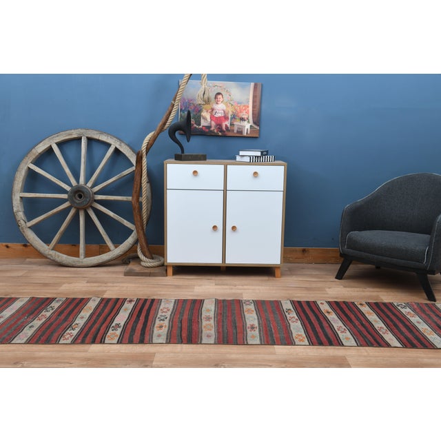 Striped Orange Turkish Vintage Kilim Oushak Handmade Woven Wool Runner Rug For Sale - Image 9 of 11