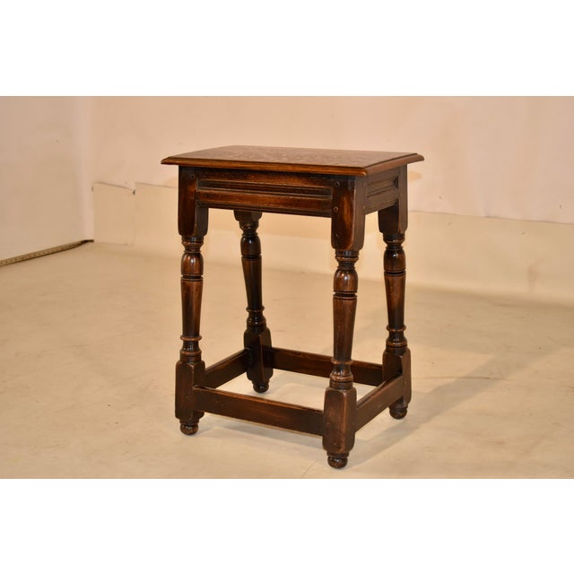 Late 19th century oak joint stool from England. The top has nice graining and a beveled edge, following down to a paneled...