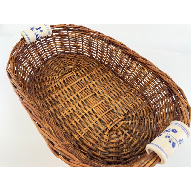 Vintage Woven Wicker Basket With Blue & White Porcelain Handles For Sale - Image 9 of 11