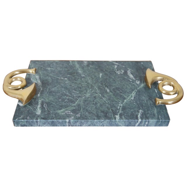 Vintage rectangular green marble cheese board / serving tray featuring a musical orchestra theme with brass French horn...
