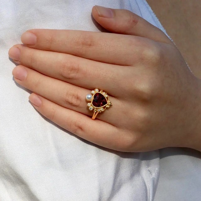 Kai Fine Jewelry Kai "On My Heart" Garnet Diamond Pearl Cocktail Ring, size 9.5 For Sale - Image 4 of 12