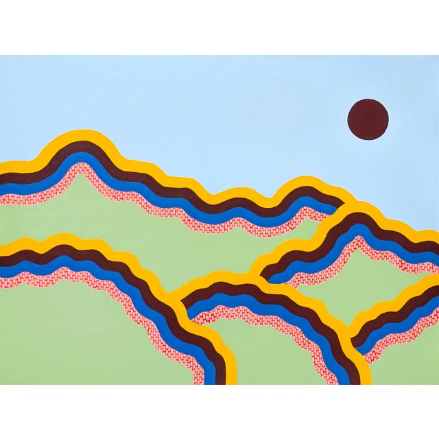 2026 "Ridges" Contemporary Blue, Green, Red, & Yellow Patterned Abstract Landscape Painting By Tina Ruyi For Sale