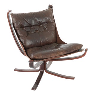 Vintage Falcon Chair in Brown Leather and Plywood by Sigurd Ressell for Vatne Møbler, 1970s For Sale