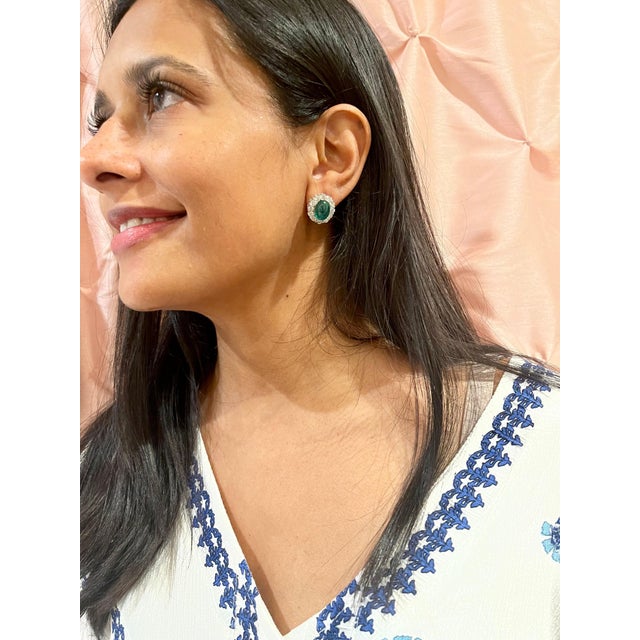 12 Ct Natural Emerald Zambia Cabochon & 4 Ct Diamond Stud Earring 14 KW Gold For Sale - Image 14 of 18