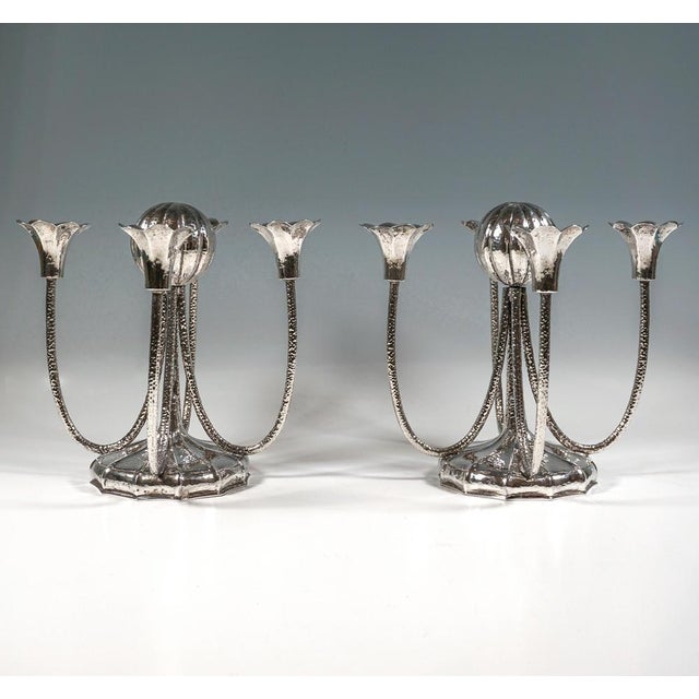 Viennese Art Deco 4-Light Silver Candelabras with Martelé Decor, 1930, Set of 2 For Sale - Image 3 of 13