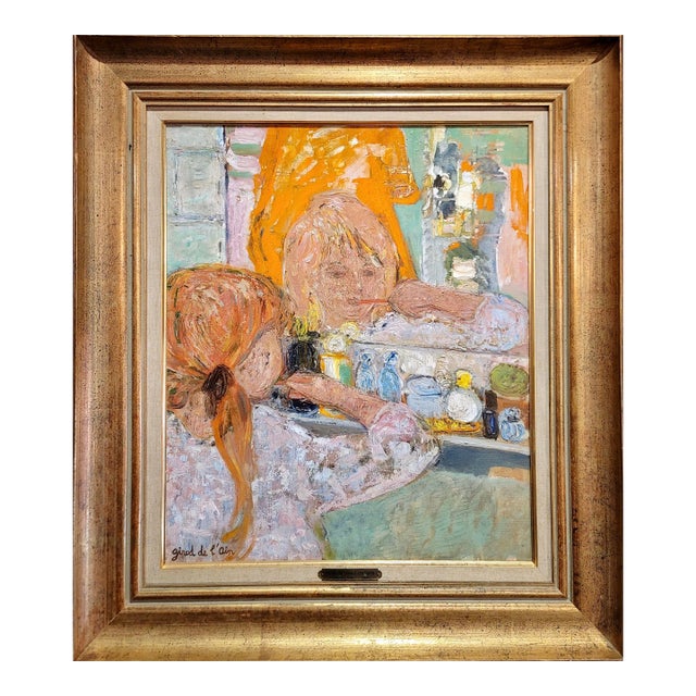 Helene Girod De l'Ain - Little Blond Girl Brushing Her Teeth -Oil Painting C.1950s For Sale