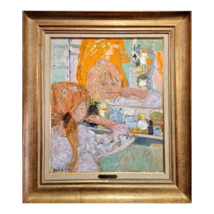 Helene Girod De l'Ain - Little Blond Girl Brushing Her Teeth -Oil Painting C.1950s