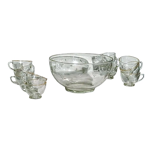 Glass Punch Bowl Set With Etched Grape Motif, 12 PCS For Sale