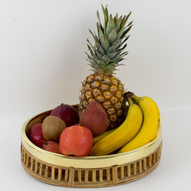 Rattan Bamboo Wicker and Brass Bowl Basket Centerpiece, Italy 1960s For Sale - Image 9 of 9