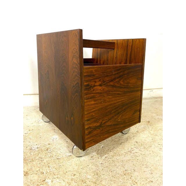 Brown Danish Mid-Century Modern Rosewood Magazine Rack on Wheels For Sale - Image 8 of 8