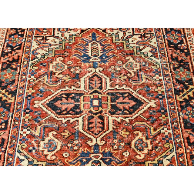 Vintage Persian Heriz Serapi Rug, Hand-Knotted Wool, Geometric Pattern, Brick-Red & Ivory, 4x4 For Sale - Image 16 of 18