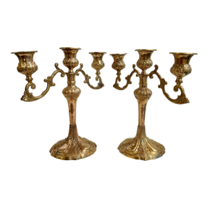 Mid 20th Century Solid Brass Art Nouveau 3 Arm Candelabra- A Pair