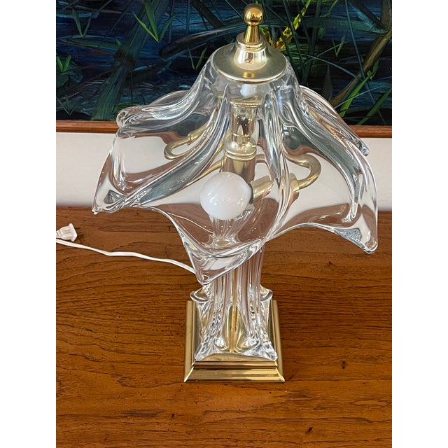 Hollywood Regency Vintage Cofrac Art Verrier Style French Crystal Table Lamp With Draped Glass Shade For Sale - Image 3 of 7