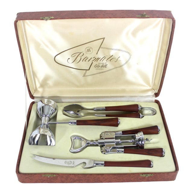 1950s Mid Century Modern Bar Tool Set With Faux Tortoise Bakelite Handles in Original Box For Sale