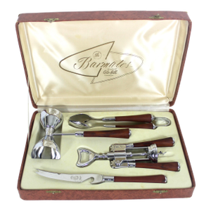 1950s Mid Century Modern Bar Tool Set With Faux Tortoise Bakelite Handles in Original Box