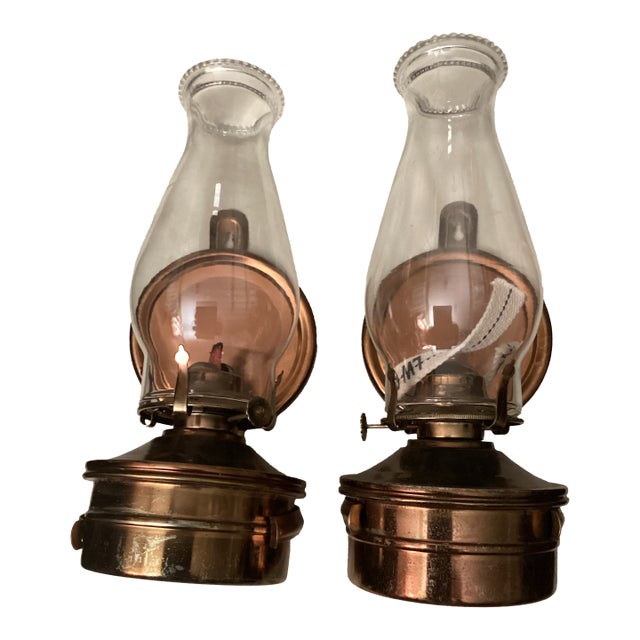 Pair of Vintage Copper Wall – Mount Oil Lamps For Sale