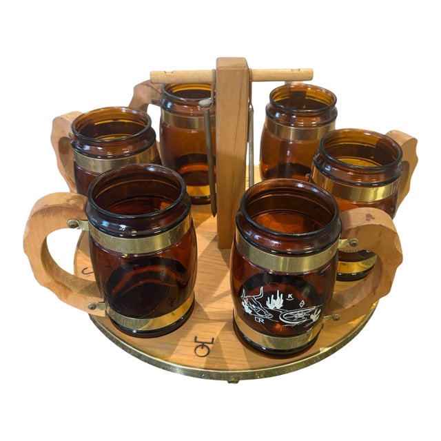 Vintage Siesta Ware Amber Glass Western Barware Set With 6 Mugs & Wood Caddy For Sale
