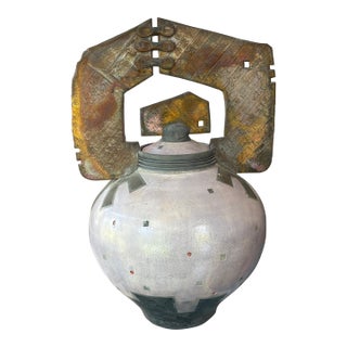 Large Vintage Gerald & Kelly Hong Signed Raku Ceramic Vessel Postmodern Vessel Lidded Jar 18" For Sale