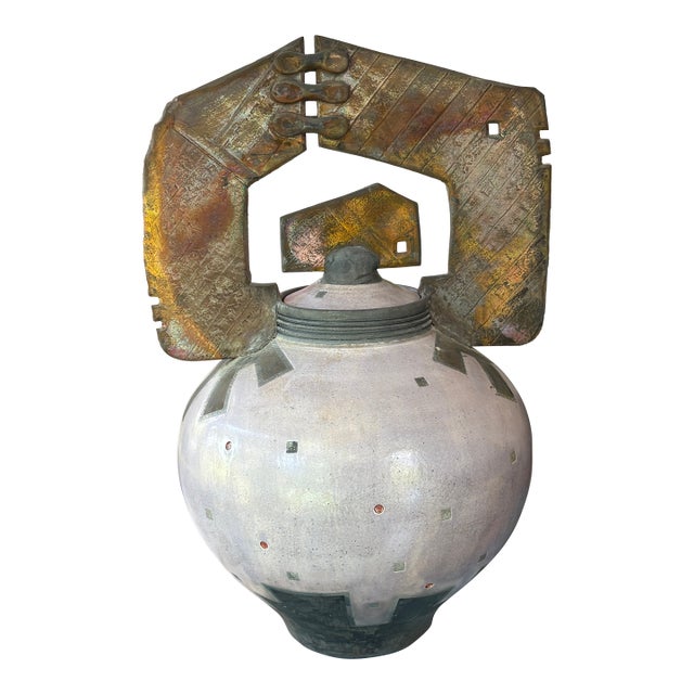 Large Vintage Gerald & Kelly Hong Signed Raku Ceramic Vessel Postmodern Vessel Lidded Jar 18" For Sale