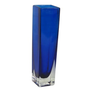 Cobalt Blue Glass Bud Vase Mid Century Modern Rectangular Murano Style 4922b For Sale