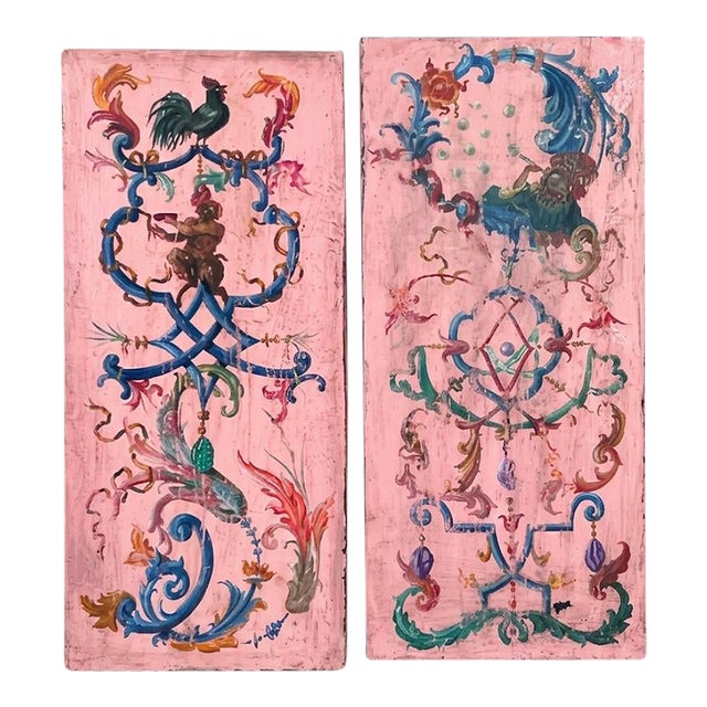 Pair of Vintage Large Continental European Chinoiserie Oil on Leather Panel Paintings For Sale