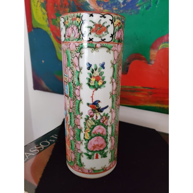 Green Antique Chinese Porcelain Rose Medallion Cylinder Vase For Sale - Image 8 of 10
