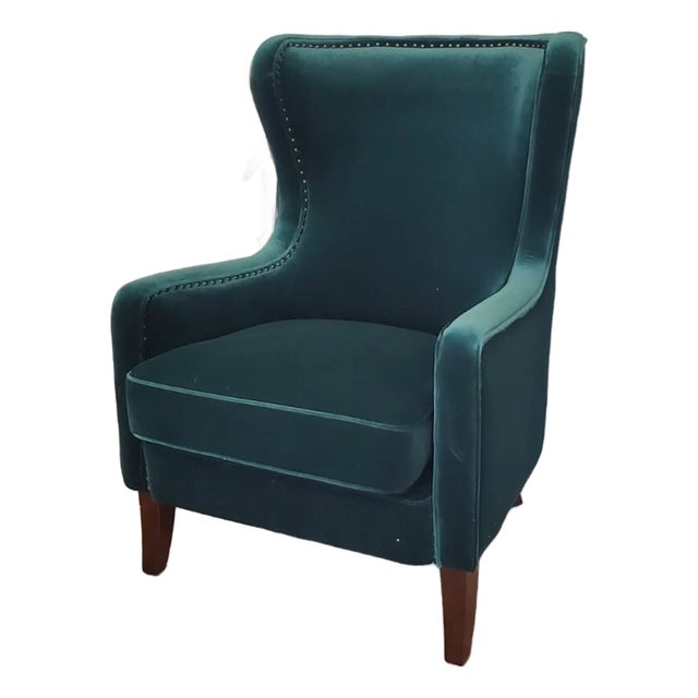 Vintage Green Velvet Wingback Arm Chair For Sale