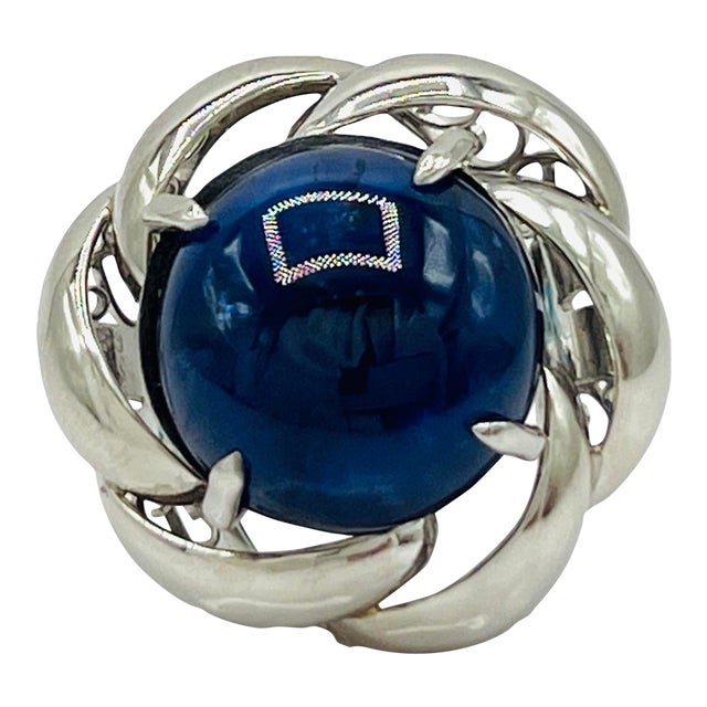 Mid 20th Century Gia Sri Lanka Blue Sapphire Cabochon Ring in Platinum Size 6.75 For Sale