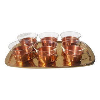 Tea Glasses & Tray in Copper, Brass & Jena Glass from Schott, Mainz, 1960s, Set of 7 For Sale