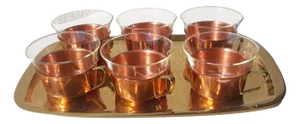 Tea Glasses & Tray in Copper, Brass & Jena Glass from Schott, Mainz, 1960s, Set of 7